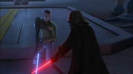 Vader parries against Kanan's lightsaber.