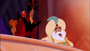 Iago, Jafar, and the Sultan seeing a parade that announces the arrival of Prince Ali Ababwa.