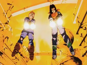 Future Android 18 with Future Android 17, preparing to kills Gohan.