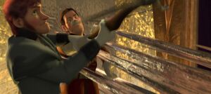 Francis's aim being redirected by Hans, causing the palace's chandelier to fall down and knock Elsa unconscious.