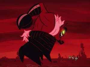 Him in his true form kneeling down to the Powerpuff Girls as his voice is now demonic.