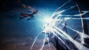 Trevor defeats Death, plunging his blade into his forehead.