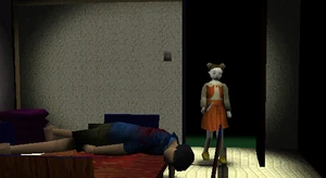 Stephanie about to give chase to Alyssa after Michael's body falls on the table.