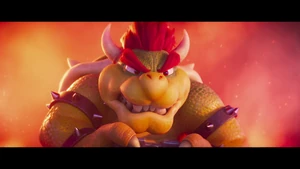 Bowser growls in anger upon seeing Mario accompanied by Peach, Toad, and the Kong Army.