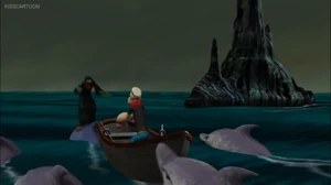 Popeye following the Sea Hag, believing he faces the Lady of the Depths.