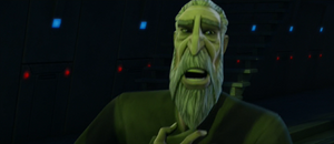 Count Dooku coughs violently after Sidious ends the holographic transmission and released the Force choke.