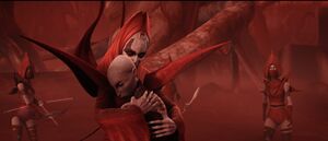 Ventress, overcome by her wounds, collapsed into Talzin's arms.