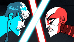 Asajj Ventress clashing against Anakin Skywalker.