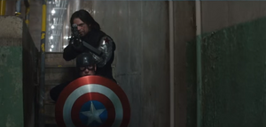 Bucky and Steve confronted by Stark in the HYDRA Siberian Facility.