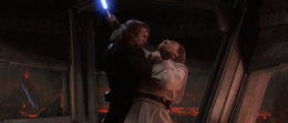 Darth Vader grabs Kenobi's throat with his prosthetic arm.