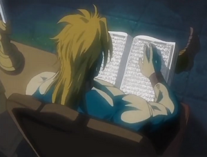 Dio reading the book, containing the Qu'ran sitting infront of Hol Horse.