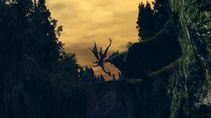 The wounded Kalameet plummets from the air down to his lair.