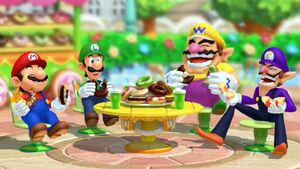 Wario Waluigi and their rivals Mario and Luigi eating doughnuts in Mario Party 10.