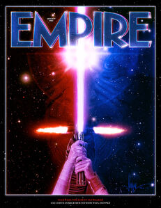 Rey and Kylo Ren hold lightsabers together against Emperor Palpatine on a cover of Empire for Star Wars: The Rise of Skywalker.