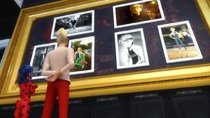 Gabriel and Ladybug looking at Adrien's photos.