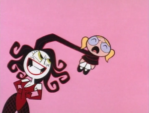 Sedusa ensnares Bubbles in her hair.