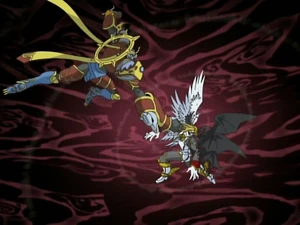 Susanoomon fights against Lucemon in an epic battle.