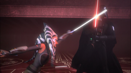 Ahsoka tries to strike Vader in the face.