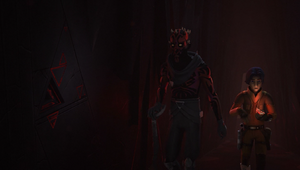 Maul and Ezra in the hallway of the temple.