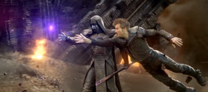 Ronan and Star-Lord both try to get the Infinity Stone