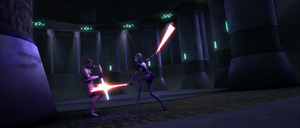 Ventress and Kenobi duel between the monastery pillars.