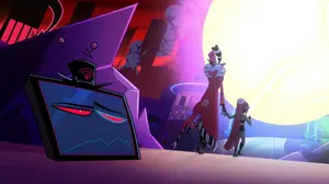 Vox’s severed head momentarily left behind by Valentino and Velvette as they join the others in destroying the Might of Lilith.