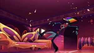 “Ow!“ Vox getting hit in the face by a drink Valentino threw at him.