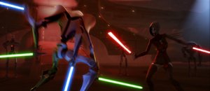 Ventress and Grievous continue dueling each other while their armies stand and watch.