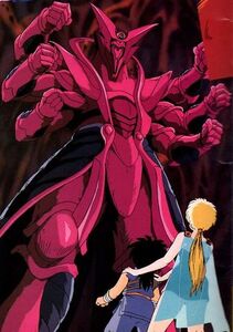 Dai and Leona facing Hadlar in the first film of Dragon Quest: The Adventure of Dai.