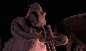 Oogie pulling his lever to push Sally and Santa into a lava pit