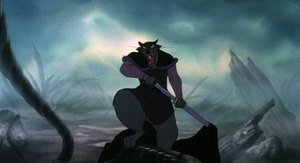 "YOU get out! I've had enough!" Jenner taking off his cape and drawing his sword to attack Brisby for ruining his plan.