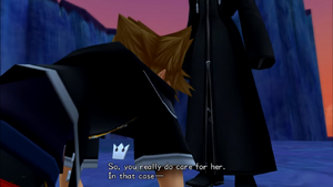 Sora getting down on his knees begging Saïx to let him see Kairi.