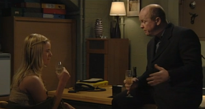 Phil talks to Mel about their one-night stand in Steve's office, not knowing that Steve is overhearing them and finds out the truth about it (2001).