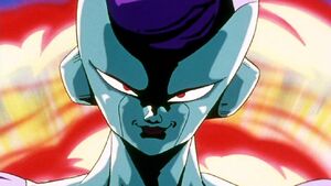 Frieza's evil grin after dodging Vegeta's attacks.