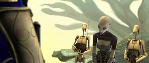 Katuunko and his guards were surprised by the appearance of two B1 battle droids and Asajj Ventress.