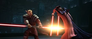 Savage and Darth Sidious clashes lightsabers.
