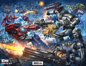 Megatron, Skynet and the Decepticons fighting Optimus Prime and the Autobots in the Unknown Comics cover for the 1st issue.