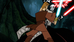 Asajj dueling Anakin Skywalker on Yavin 4.