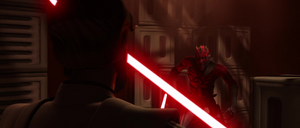 Ventress returns to Obi-Wan, wakes him up and lends him one of her lightsabers for his defense when Maul and Opress return.