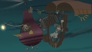 Don Paolo's flying machine about to collide with Layton's gilder.