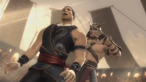 Shao Kahn kills Kung Lao in Mortal Kombat (2011).