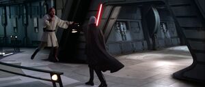 Dooku incapacitating Obi-Wan using a Force choke.