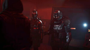 Wraith and Knight in the season three outro cinematic, speaking to Stitch.