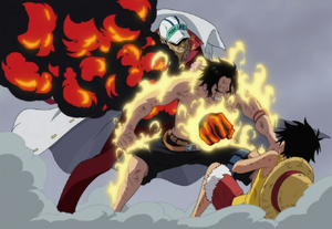 Akainu killing Ace that is trying to protect his brother Luffy.