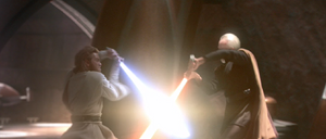 Dooku and Obi-Wan engage one another.