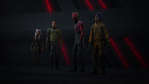 Maul and his Jedi comrades see the Inquisitors fly away.