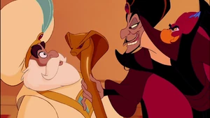 Iago watching Jafar brainwash the Sultan with his magic staff.