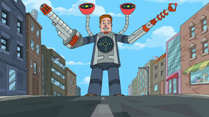 Norm equipped with weapons in the episode "Norm Unleashed".