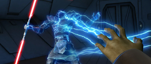 Savage blasted with Force lightning by Count Dooku.