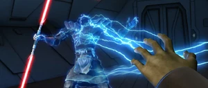 Savage blasted with Force lightning by Count Dooku.